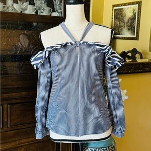 J.Crew Off The Shoulder Halter Top W/Blue White Striped Shirt Sz. 00